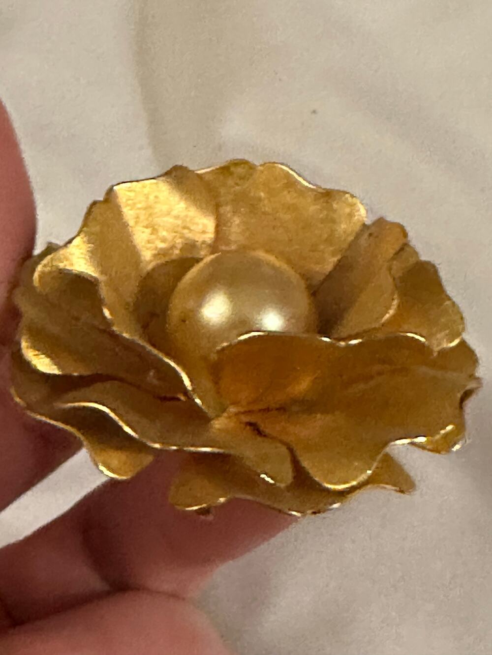 Vintage Gold Toned Flower Brooch with Faux Pearl, Carnation, Rose Design Large